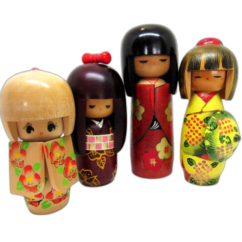 Japanese Kokeshi dolls Vintage hand carved hand painted wooden lot of 4 Read
